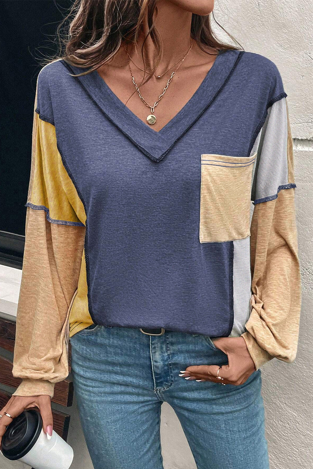 Colorblock Exposed Stitching Pocket Top FB