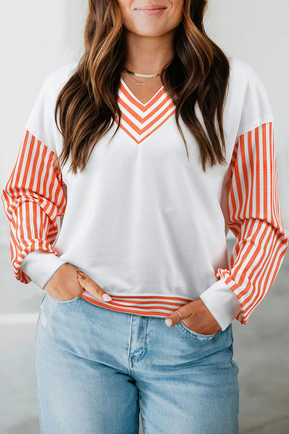 Orange Stripe V Neck Top FB