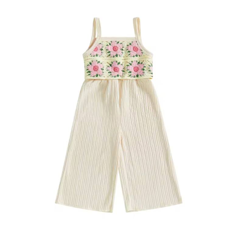 Crochet Wide Leg Beige Pink Flower Jumpsuit