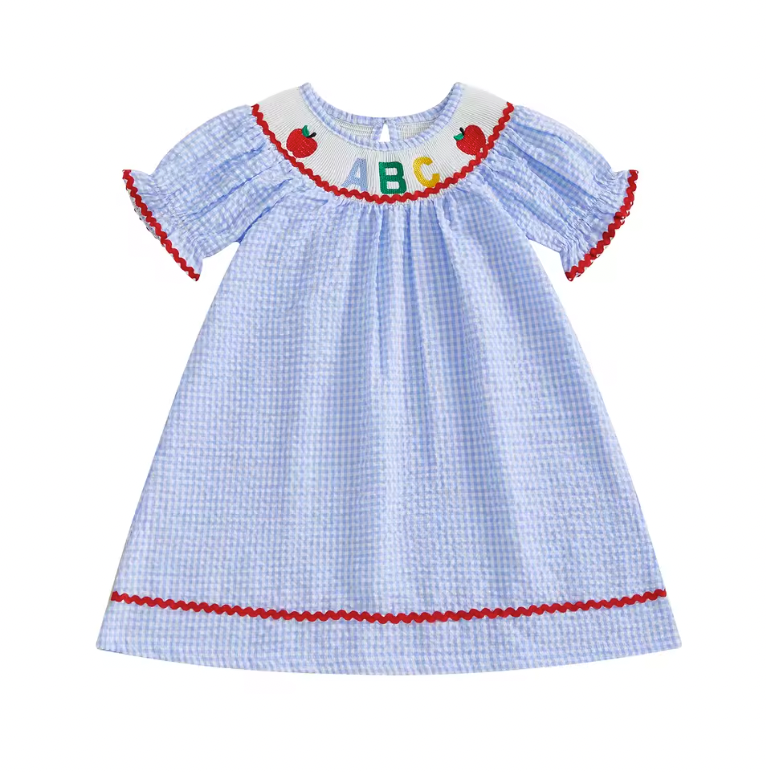 ABC Embroidered Smocked Blue Dress