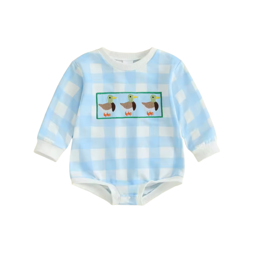 Blue Plaid Embroidered Duck Romper