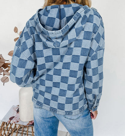 Blue Checkered Denim Hoodie FB