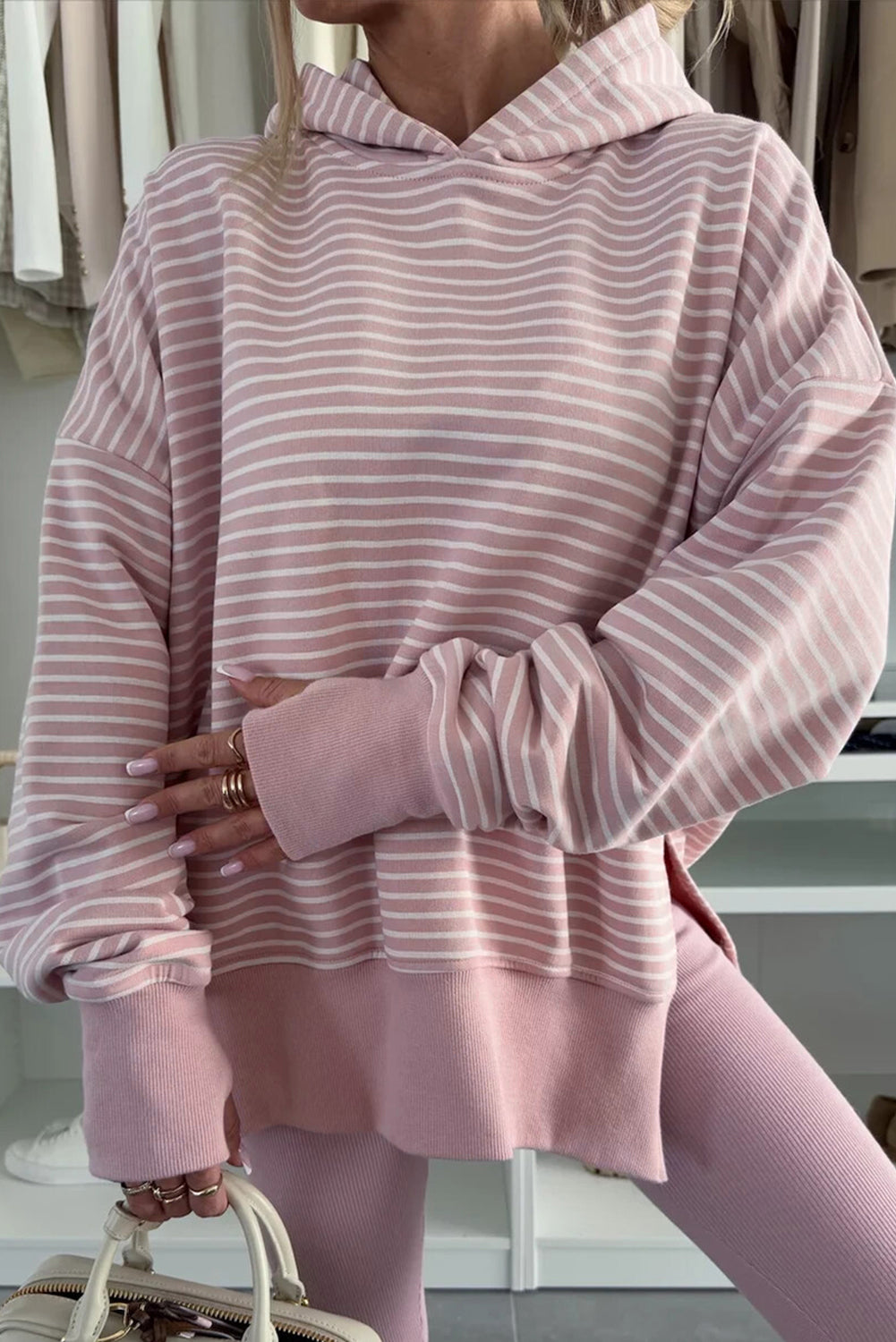 Purple Stripe Thumbhole side Slits Hoodie FB