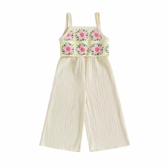 Crochet Wide Leg Beige Pink Flower Jumpsuit