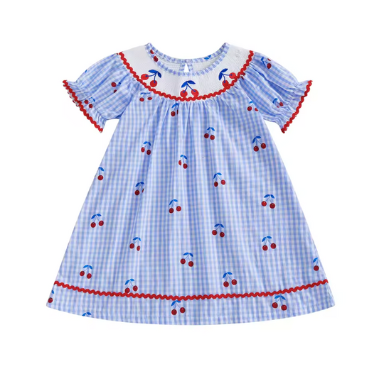 Cherry Embroidered Smocked Blue Dress