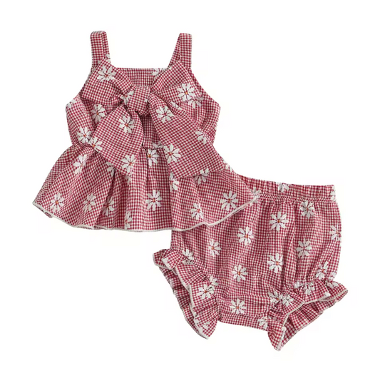 Red Gingham Daisy Bow Set