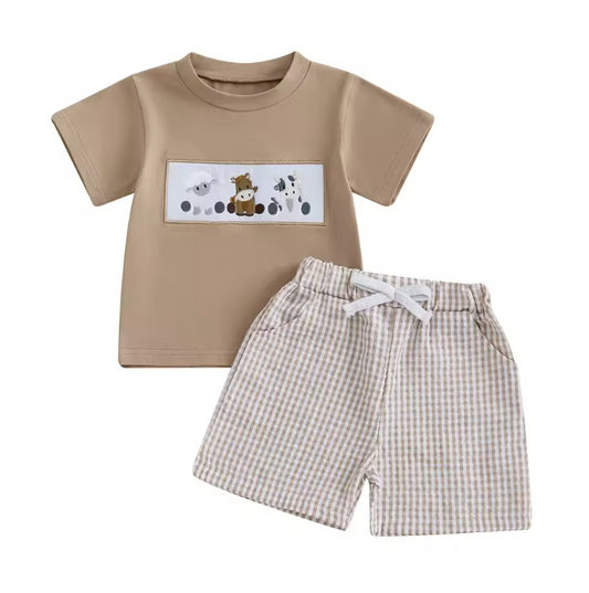 Tan Embroidered Farm Animals Gingham Short Set