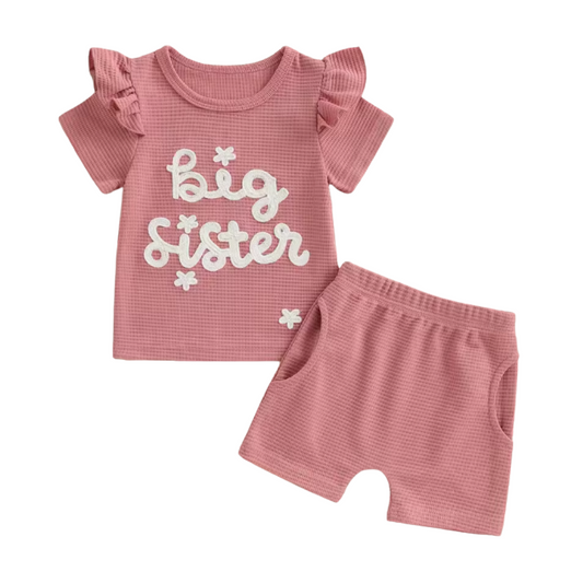 Pink Big Sister Waffle Knit Short Set