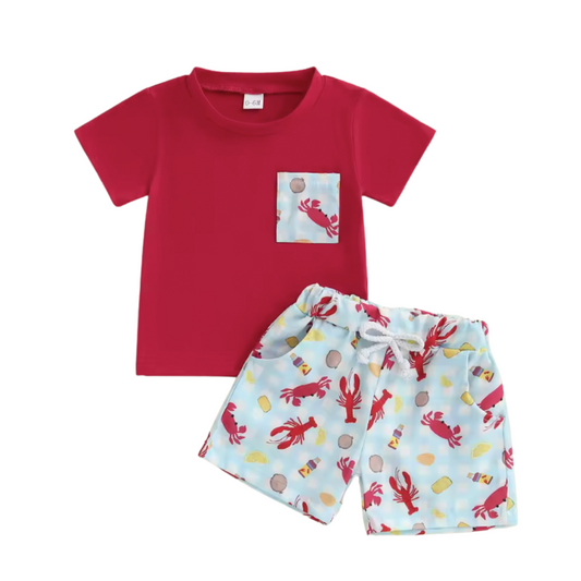 Red Seafood Pocket Tee Short Set