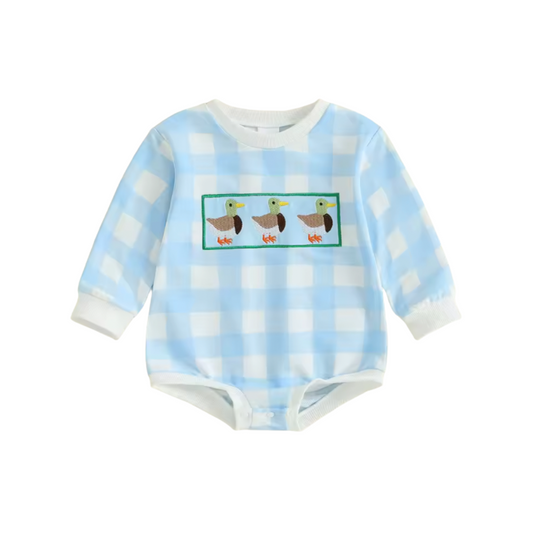 Blue Plaid Embroidered Duck Romper