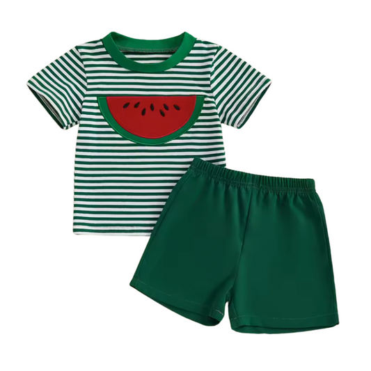 Green Striped Embroidered Watermelon Short Set