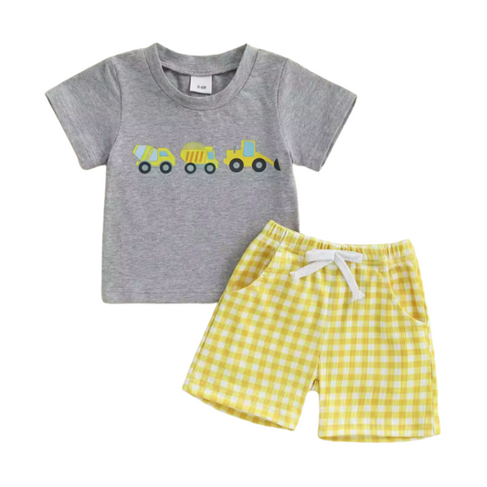 Yellow Gingham Construction Vehicle Embroidered Short Set