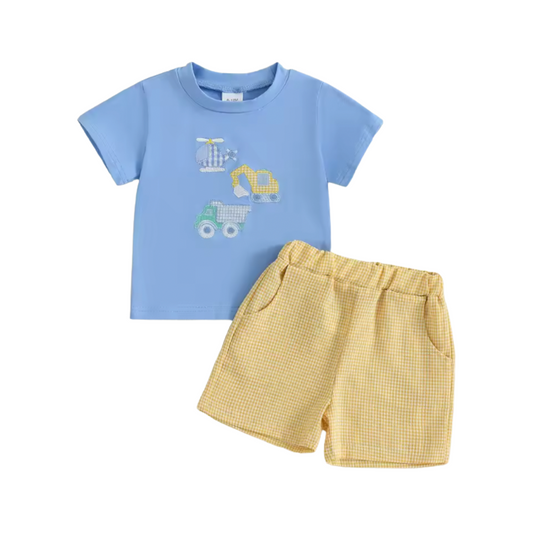 Helicopter Trucks Yellow Gingham Embroidered Short Set